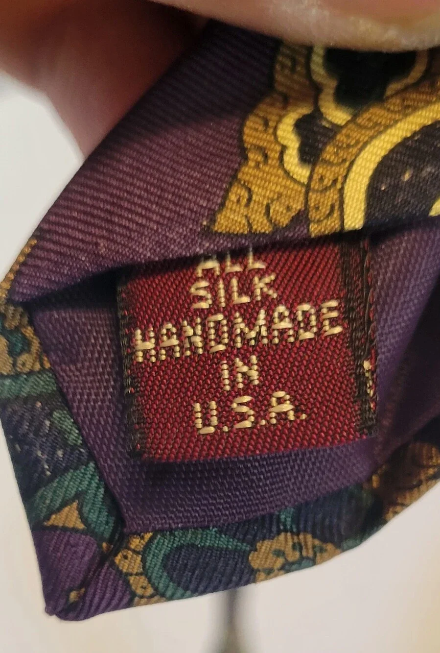 Garrison Silk Tie Mens Purple Gold Green Paisley All Silk Handmade USA Necktie